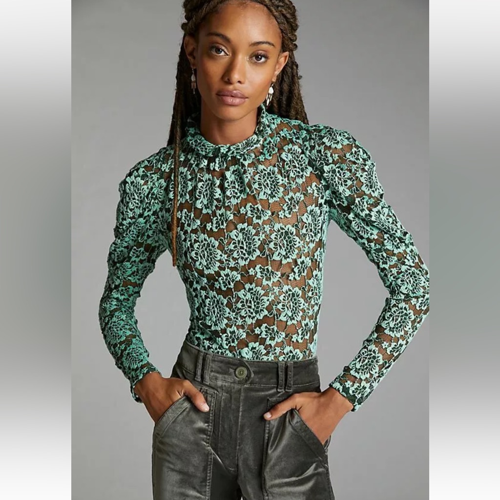 Anthropologie Mint Green Floral Lace Long-Sleeve Mock Neck Top